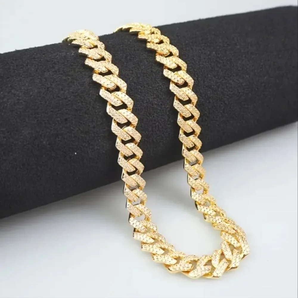 Men's Hip Hop 12mm Golden Cuban Link Chain Necklace with cubic zirconia Stones